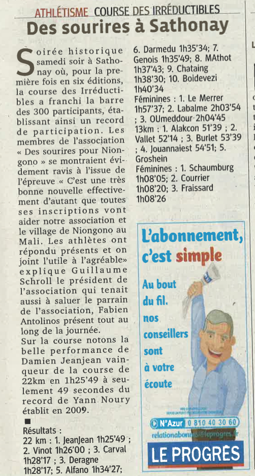 Une petite 10e place qui vaut d'être cité dans le Progrès, une première pour moi !